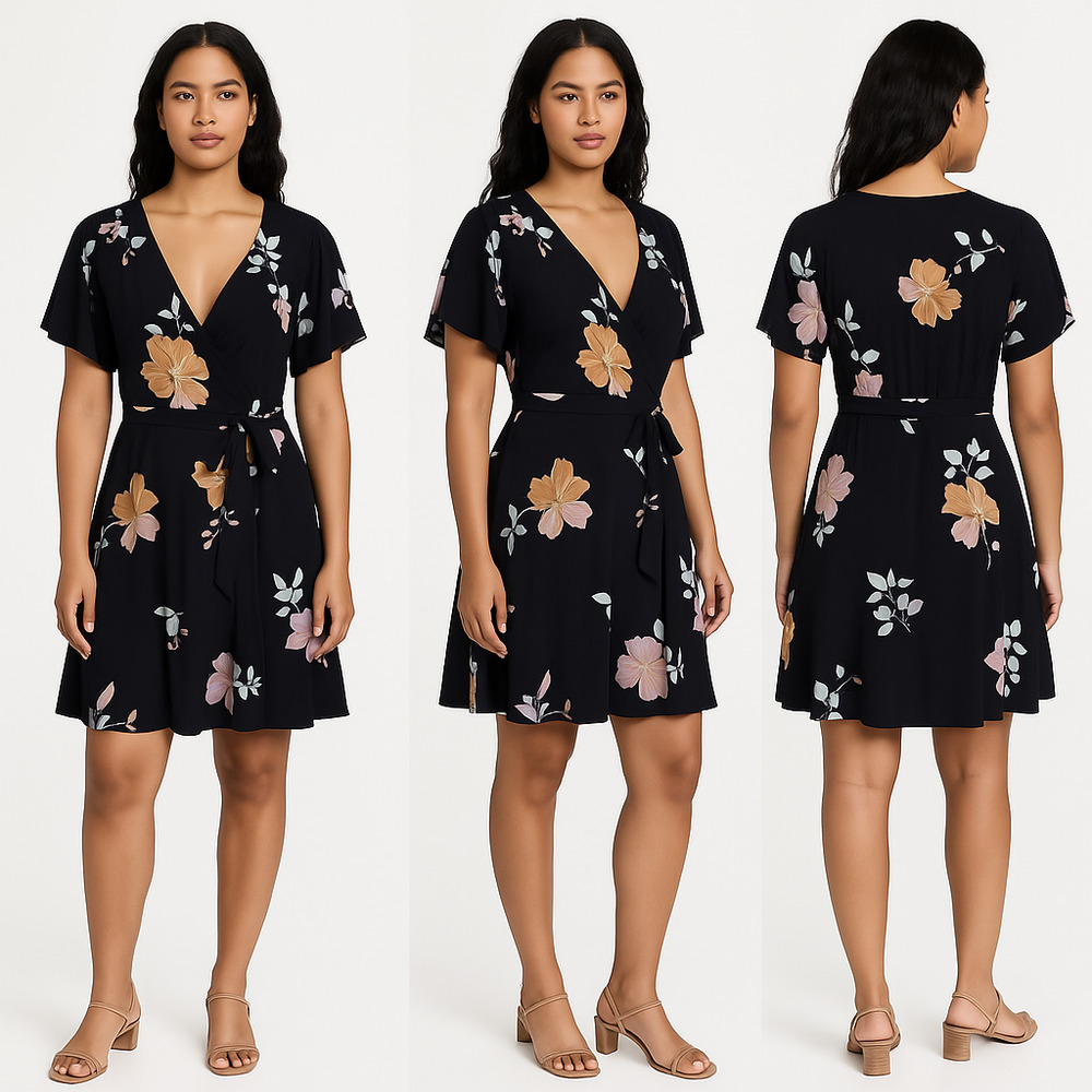 French Connection Black Floral Print VNeck Waist Tie Wrap Style Dress 12